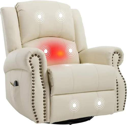 PELUMY Silla reclinable giratoria de cuero transpirable para adultos, balancín giratorio de 360° con masaje térmico y vibratorio, silla de descanso