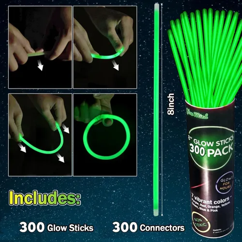 Miniatura 2 de 300 pulseras y collares verdes que brillan en la oscuridad a granel con conectores de 8 pulgadas, barras luminosas de neón para Hawii, carnaval