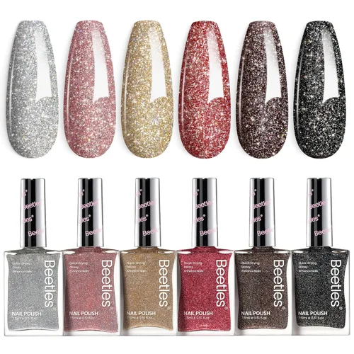 Miniatura 9 de Beetles - Esmalte de uñas rojo: juego de 6 esmaltes de uñas con brillantina, color rojo burdeos brillante, de secado rápido y de larga duración