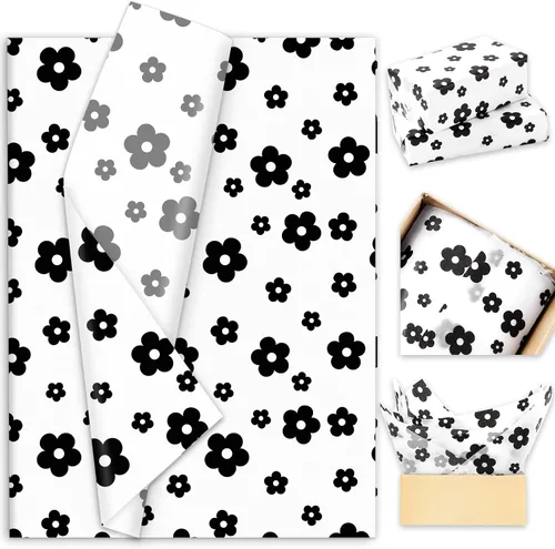 Whaline 100 hojas de papel de seda bohemio con margaritas color negro y blanco, papel de regalo floral para manualidades, manualidades, flores