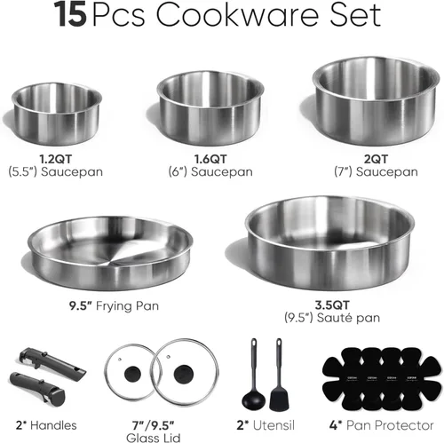 Miniatura 2 de CAROTE Juego de ollas y sartenes, juego de utensilios de cocina de acero inoxidable, mango desmontable, 15 piezas de utensilios de cocina