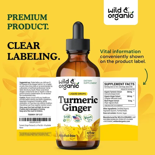 Miniatura 9 de Wild & Organic Gotas de suplemento de cúrcuma y jengibre, apoyo articular e inmunológico, curcumina líquida de cúrcuma con pimienta negra