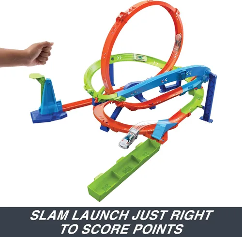 Miniatura 4 de Hot Wheels Juego de pistas de coche de juguete, desafío de ciclón de bucle de acción, 18 pulgadas de alto, 2 formas de jugar y fácil almacenamiento