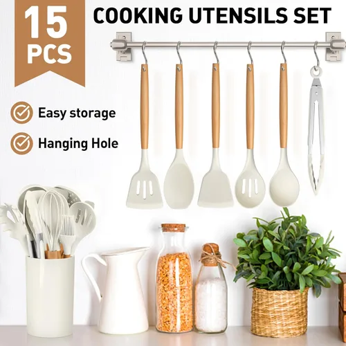 Miniatura 6 de LIANYU Juego de 15 utensilios de cocina de silicona con soporte, juego de utensilios de cocina antiadherentes, resistentes al calor y no tóxicos