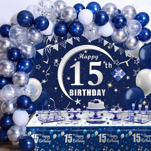 Decoraciones de cumpleaños número 15 para niños y niñas, decoraciones de cumpleaños azul marino para niños y niñas, incluyendo decoraciones de feliz