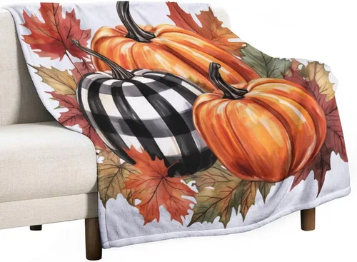 Manta de lana cuadriculada con diseño de calabaza, hojas de arce, Acción de Gracias, manta de cama para otoño, Acción de Gracias, ligera, súper