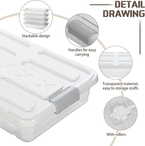 Miniatura 3 de Beeveer 4 recipientes de almacenamiento de plástico para debajo de la cama con tapa, rueda y asa, transparentes de gran capacidad, apilables