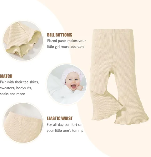 Miniatura 3 de SOBOWO Pantalones acampanados para bebé, paquete de 3 unidades para niña pequeña, color liso, acanalado, con volantes, pantalones acampanados