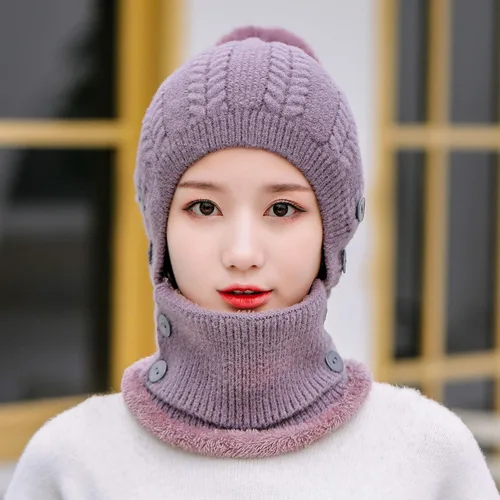 Miniatura 3 de Gorros de invierno para mujer, de una pieza, con forro polar, de punto, pasamontañas, con cuello de calavera, bufanda circular, sombrero de nieve