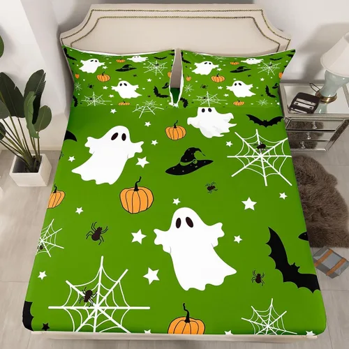 Miniatura 34 de Juego de ropa de cama de Halloween con patrón de sombras kawaii, sábana bajera tamaño queen, decoraciones de calabaza, luces de calabaza góticas
