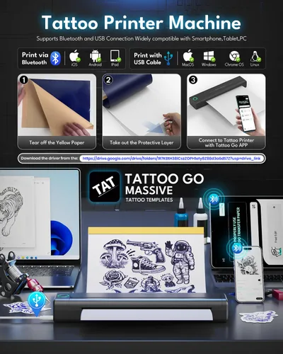 Miniatura 3 de Impresora inalámbrica de plantillas de tatuaje 2025 con 10 piezas de papel de transferencia, máquina impresora de tatuajes para artistas de tatuajes