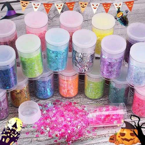 Miniatura 5 de Mezcla de purpurina gruesa y fina multicolor, 36 colores de lentejuelas gruesas y mezcla de polvo - Copos iridiscentes de purpurina cosmética