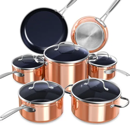 Nuwave Healthy Duralon - Juego de utensilios de cocina antiadherentes de cerámica azul, resistentes a los arañazos, sin PFAS, aptos para Cobre