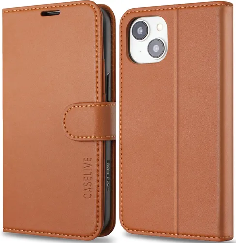 Funda tipo cartera para iPhone 13/iPhone 14 con tarjetero [funda de cuero de alta calidad] [bloqueo RFID] [carcasa interior de TPU a prueba de Marrón