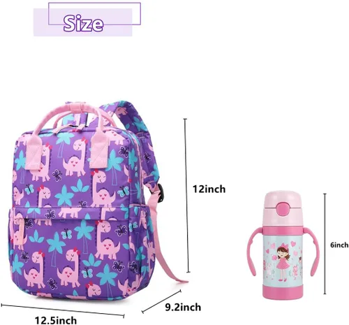 Miniatura 3 de Linda mochila preescolar para niños pequeños, bolsa de viaje con correa para el pecho (12 pulgadas, dinosaurio femenino)