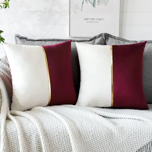 Miniatura 2 de OTOSTAR Fundas de cojín de terciopelo en rojo vino y blanco con parche de cuero dorado, lujo moderno minimalista, fundas de almohada cuadradas