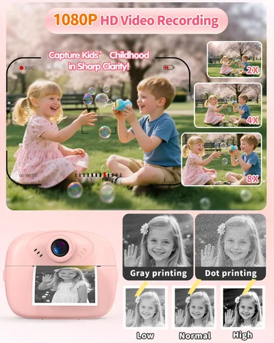 Miniatura 4 de Cámara de impresión instantánea para niños, cámara digital 1080P para niños con tarjeta SD de 32 GB, juguetes para niñas pequeñas, regalos de Rosa