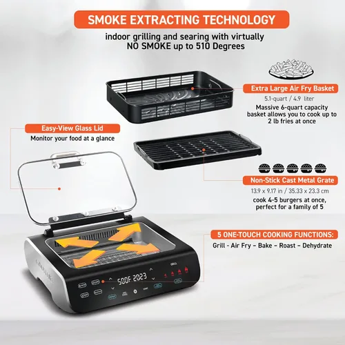 Miniatura 7 de Gourmia Parrilla de Interior Sin Humo y Freidora de Aire parrilla raclette con Tecnología de Extracción de Humo Parrilla Eléctrica Antiadherente