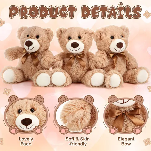 Miniatura 3 de HyDren 6 piezas de oso de peluche suave para niños, juguetes de regalo, decoración de baby shower (felpa corta, marrón)