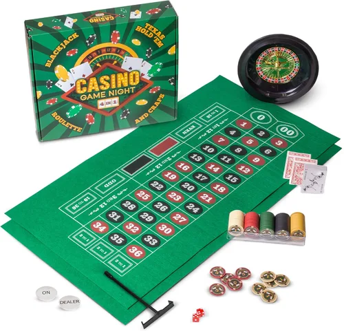 Brybelly Casino Night - Juego completo 4 en 1 con fieltros, rueda, 100 fichas, dados y cartas para blackjack, craps, ruleta y Texas Hold'em - Tapete