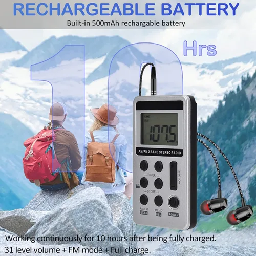 Miniatura 4 de Radio AM FM portátil con pantalla LCD de sintonización digital, radio de bolsillo recargable SWDSTP con auriculares estéreo y clip de cinturón