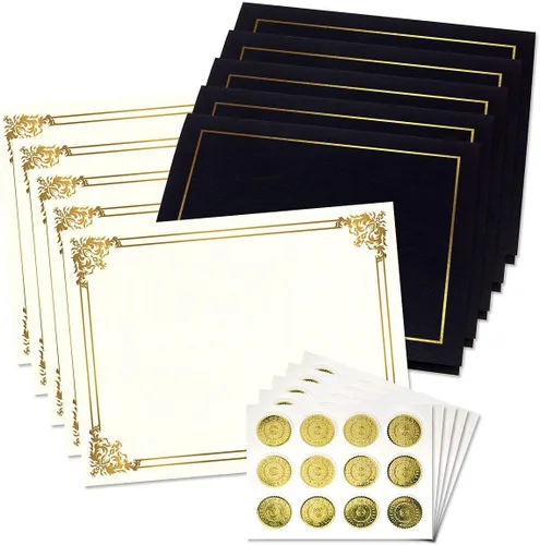 Colección de certificados Ornate Empire Award - Incluye 25 papeles certificados (blanco/dorado), 25 carpetas de lino pesado (negro/dorado), 25