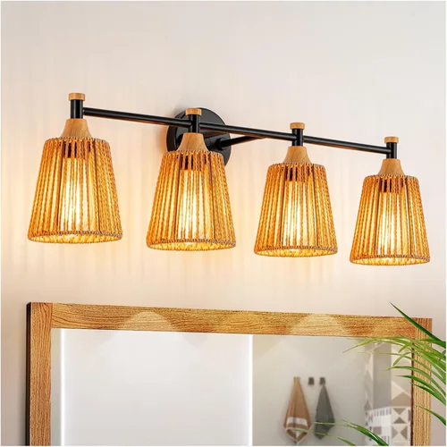 Miniatura 12 de Lámparas de baño bohemias, luces rústicas de tocador de 2 luces sobre el espejo, iluminación de ratán de granja con persianas tejidas a mano