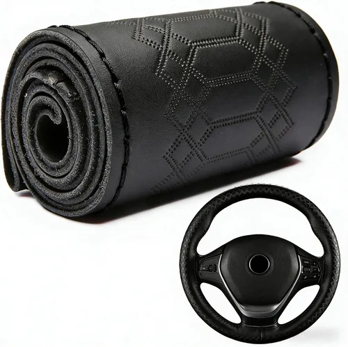 Miniatura 10 de Funda para volante de automóvil, ajuste universal, punto redondo, funda fina de piel sintética cosida en volante de automóvil de 15 pulgadas (negro)