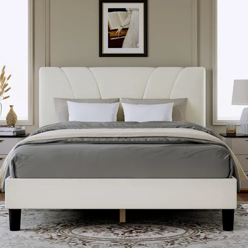 Miniatura 13 de Novilla Base de cama tamaño King con cabecera ajustable, marco de cama King, cabecera tapizada de tela de lino, no necesita somier, sin ruido, Beige