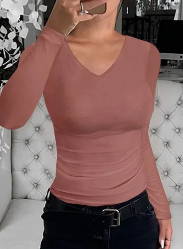 Miniatura 2 de LOLONG Camisetas para mujer de manga cortalarga, cuello en V, casual, acanalada, ajustada
