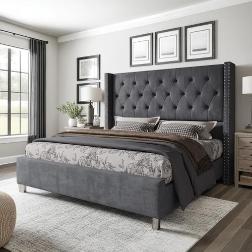 Miniatura 12 de Jocisland Armazón de Cama Queen Tapizada con Cabecero Wingback de Terciopelo Acolchado con Botones en Patrón de Diamante/No Necesita Somier/Fácil