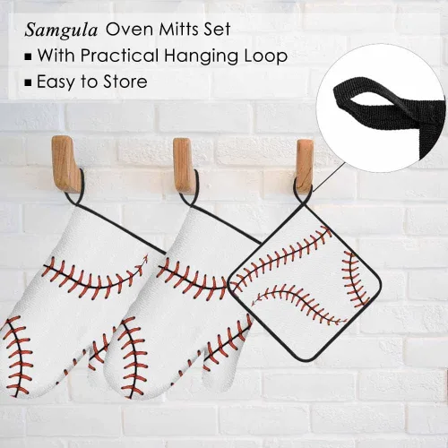 Miniatura 5 de Juego de guantes de horno y soportes para ollas de béisbol, diseño de cordones de softbol, resistentes al calor, 3 piezas para cocinar, hornear