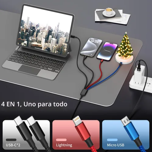 Miniatura 3 de Cable de carga múltiple 4 en 2 puertos tipo C, cables de carga USBA/C esenciales de viaje para múltiples dispositivos, cable de carga de teléfono