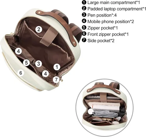 Miniatura 4 de CLUCI Mochila de cuero para mujer de 15.6 pulgadas, mochila para computadora portátil, mochila para viajes, avión, mochila casual, color beige