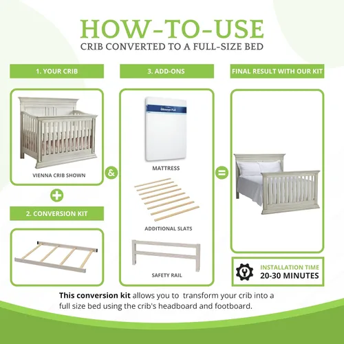 Miniatura 5 de Kit de conversión de tamaño completo, rieles de cama para cunas de bebé, múltiples acabados disponibles (blanco antiguo)