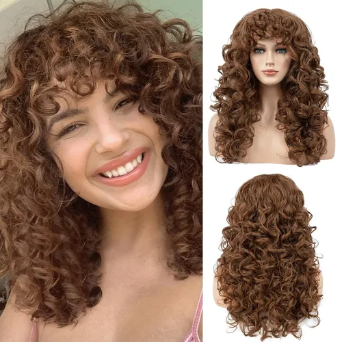 Miniatura 10 de Flufymooz Peluca rizada con flequillo para mujeres negras, 20 pulgadas, color marrón nogal, peluca de pelo largo, rizos con flequillo ondulado