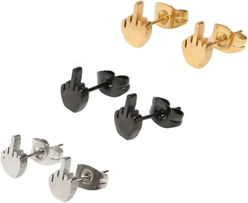 Juego de 23 pares de aretes punk de acero inoxidable con estilo dedo medio, color dorado, plateado y negro, divertidos aretes de garabatos para