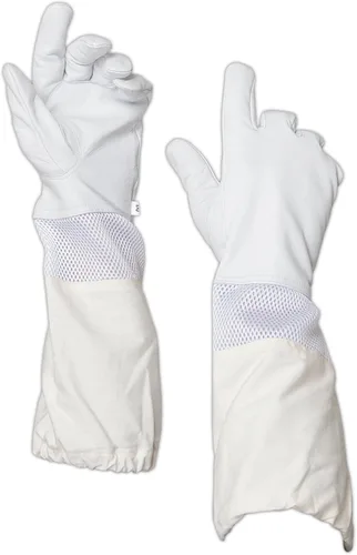 Forest Beekeeping - Guante de apicultor de piel de cabra premium con ventilación blanca, manga larga de lona con puño elástico (M)