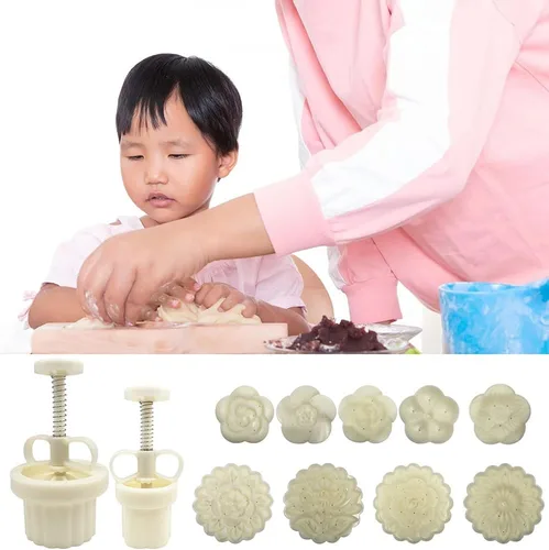 Miniatura 8 de FineGood - Juego de 2 moldes de prensa para pastel de luna con 11 Stapms, cortador de galletas FineGood DIY, 1.76 oz, 3.53 oz, prensa de flores