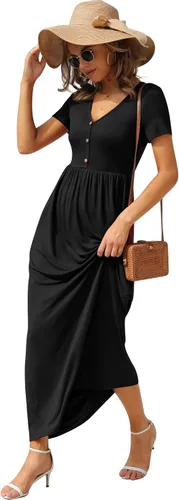 Miniatura 3 de GRECERELLE Vestido largo para mujer, manga corta, cuello en V, casual, con botones, con bolsillos