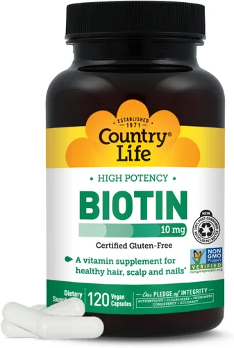 Country Life Biotina de alta potencia 10 mg - Suplemento de biotina vegana y sin gluten para piel y uñas, metabolismo energético - Cápsulas de