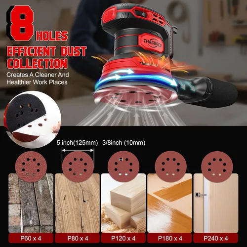 Miniatura 5 de Lijadora orbital inalámbrica compatible con Milwaukee 18V, lijadora orbital eléctrica con motor sin escobillas de 12000 RPM, lijadora de velocidad