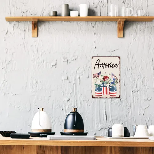 Miniatura 6 de Whaline Letrero patriótico de hojalata con la bandera estadounidense, letrero de metal impreso del 4 de julio, decoración de pared retro para 250