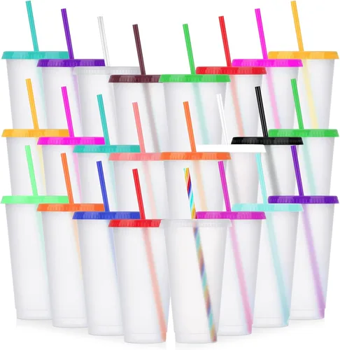 Miniatura 23 de Paquete de 24 vasos de plástico con tapas y popotes, vasos reutilizables con tapas y popotes, vasos coloridos para bebidas frías y café helado