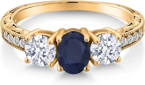 Miniatura 3 de Anillo de compromiso de 3 piedras preciosas con piedra natal para mujer en plata chapada en oro amarillo de 18 quilates, ovalado de 0.276 x 0.197