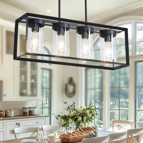 Miniatura 10 de Paquete de 1 lámpara colgante de isla de cocina negra de granja, altura ajustable, barra de metal colgante moderna con jaula de metal, pantalla