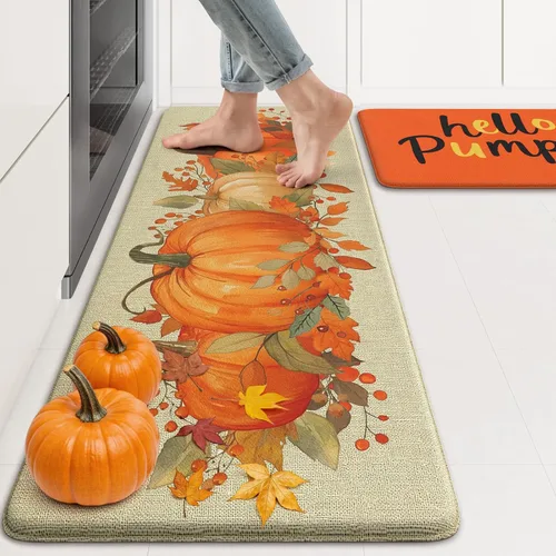 Miniatura 15 de KIMODE Tapetes Antifatiga para Piso de Cocina 17"x47"+17"x29", Juego de 2 Alfombras de Cocina a Cuadros Marrón y Blanco, Tapete de Cocina