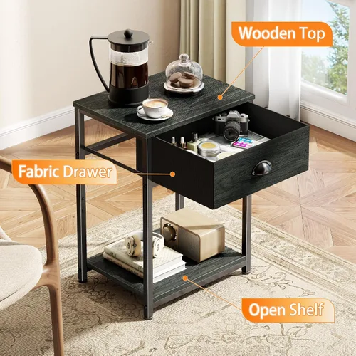 Miniatura 4 de Furologee Mesita de noche con cajón de tela y estante de almacenamiento, mesa auxiliar pequeña para espacios pequeños, mesa auxiliar industrial de 2