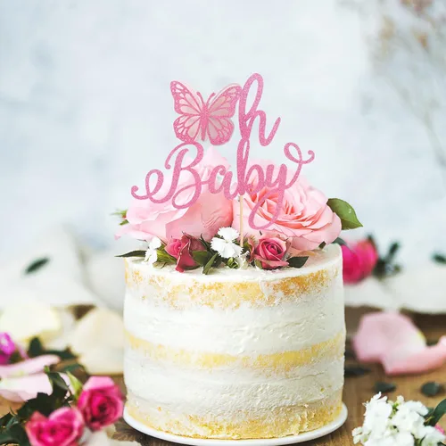 Miniatura 5 de Rsstarxi 1 paquete de decoración de pastel de mariposa Oh Baby con purpurina para baby shower, decoración de pastel de mariposa para revelación