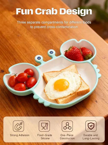 Miniatura 3 de Bandeja de comida en forma de cangrejo con base de succión y tapa, caja Bento para adultos de 7.4 x 7.4 x 1.5 pulgadas, silicona de grado